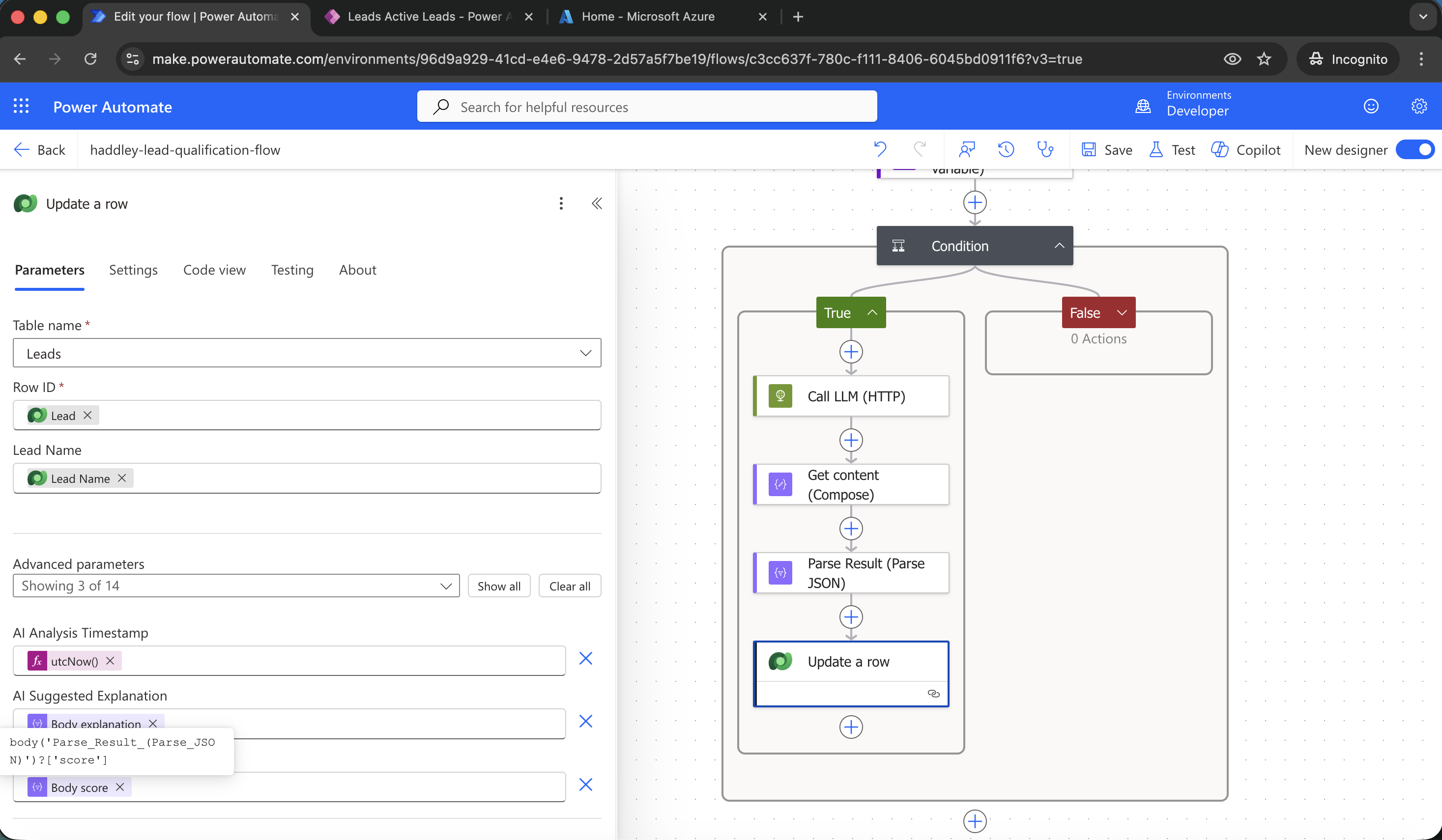I used a Dataverse Update a row action to update the record (row)
